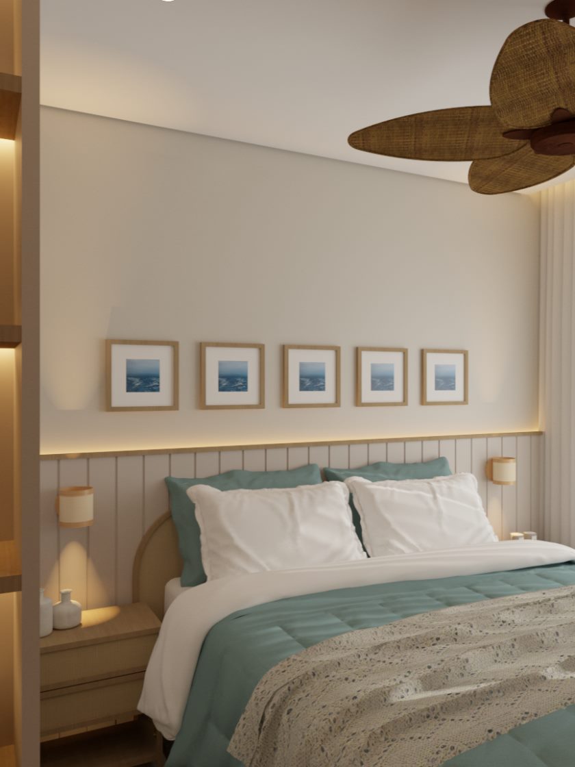 Suíte master da Casa Brisa, com painel ripado, ventilador de palha e roupa de cama verde-água