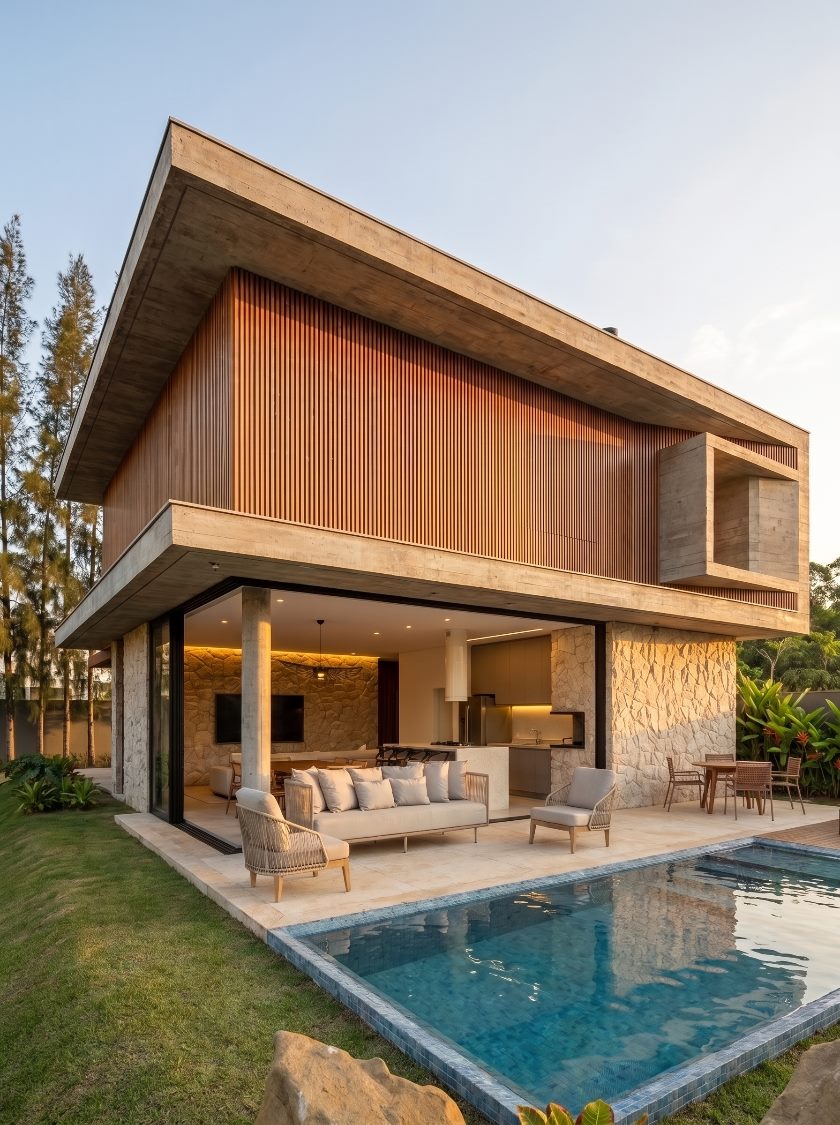 Fundos da Casa Sollare, com estar integrado à piscina sob laje de concreto aparente
