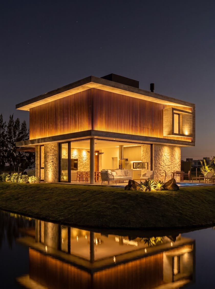 Casa Sollare à noite, com iluminação embutida valorizando o ripado e reflexo no espelho d'água