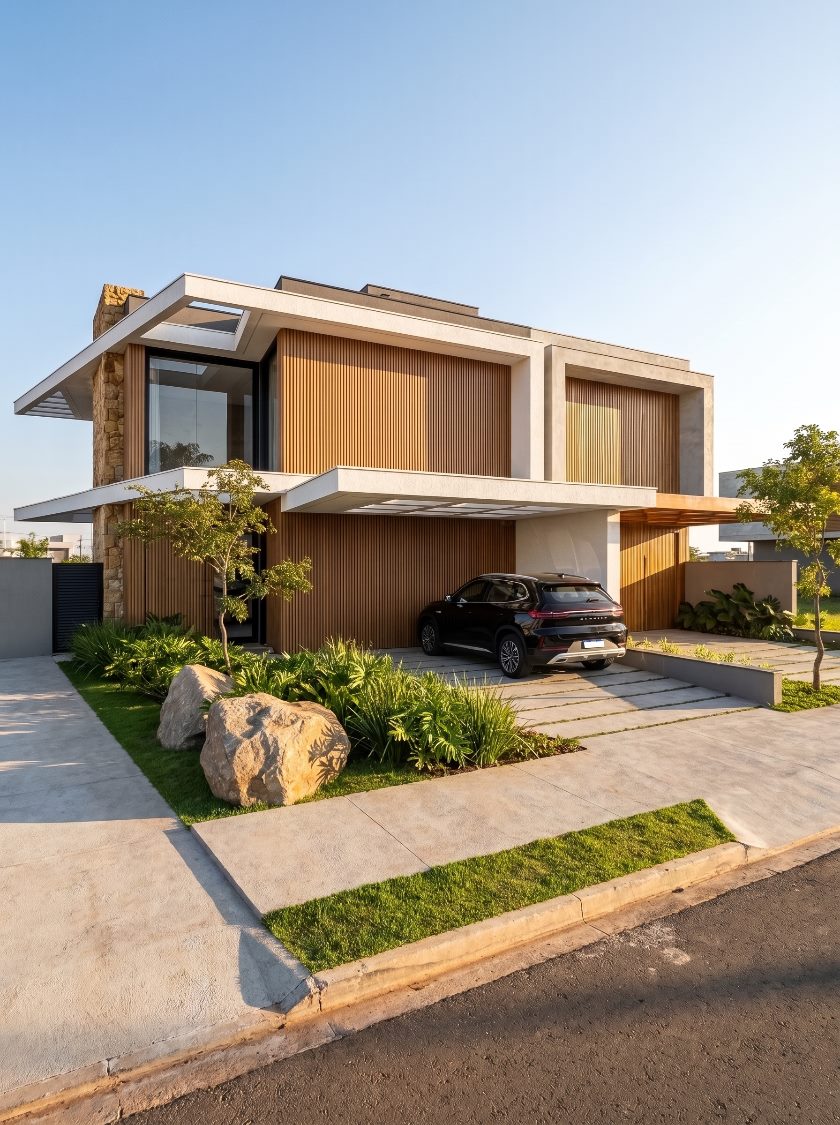 Fachada da Santorini L42, com volumes em ripado de madeira sobre base de pedra e carport integrado
